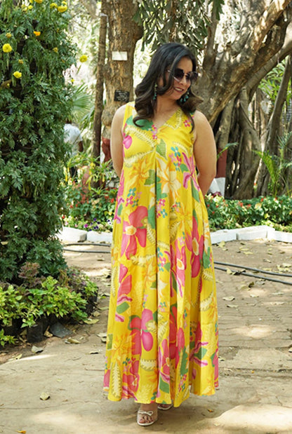 Sunshine Yellow Muslin Floral Dress ( Sleeves On Request )
