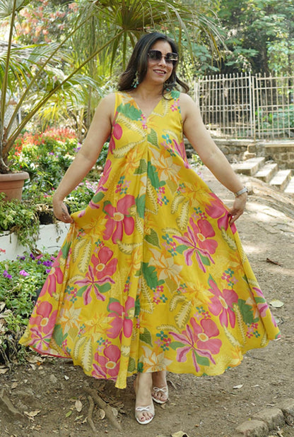 Sunshine Yellow Muslin Floral Dress ( Sleeves On Request )