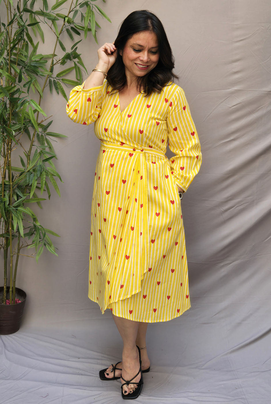 Yellow Cotton Wrap-Around Dress with Pleat Detailing