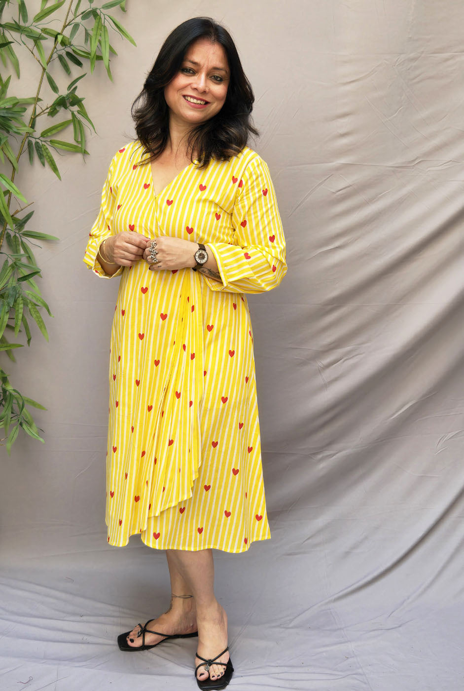 Yellow Cotton Wrap-Around Dress with Pleat Detailing