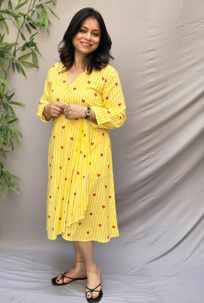 Yellow Cotton Wrap-Around Dress with Pleat Detailing
