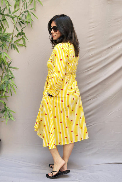 Yellow Cotton Wrap-Around Dress with Pleat Detailing