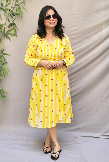 Yellow Cotton Wrap-Around Dress with Pleat Detailing