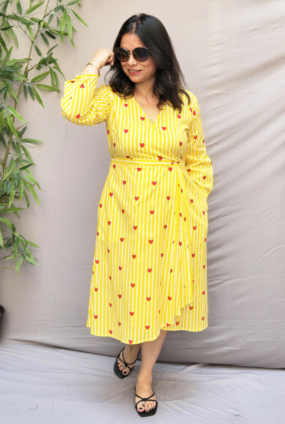 Yellow Cotton Wrap-Around Dress with Pleat Detailing