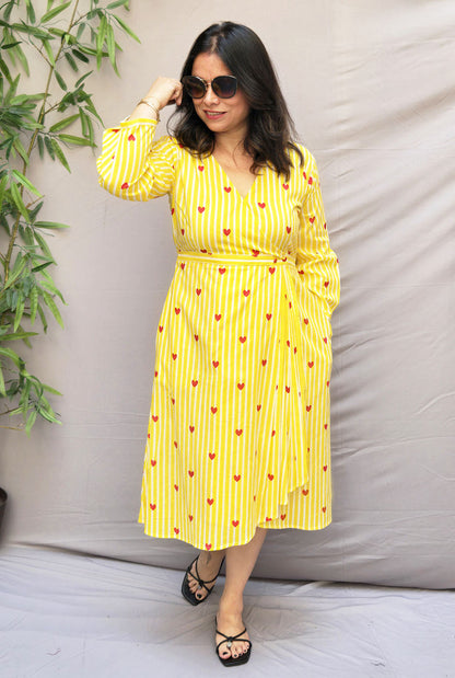 Yellow Cotton Wrap-Around Dress with Pleat Detailing