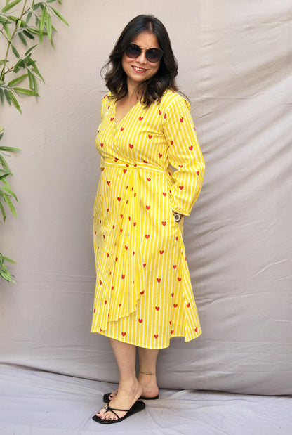 Yellow Cotton Wrap-Around Dress with Pleat Detailing