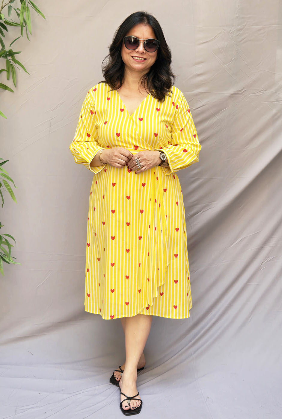 Yellow Cotton Wrap-Around Dress with Pleat Detailing