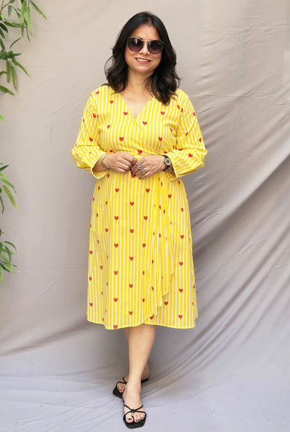 Yellow Cotton Wrap-Around Dress with Pleat Detailing