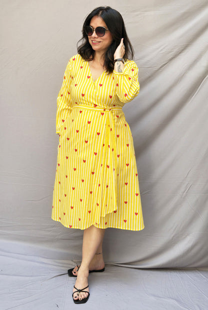 Yellow Cotton Wrap-Around Dress with Pleat Detailing