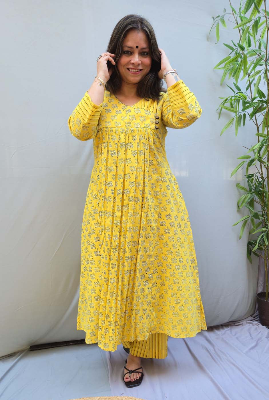 Pankhudri – Yellow Dabu Cotton Kurta Pant Set