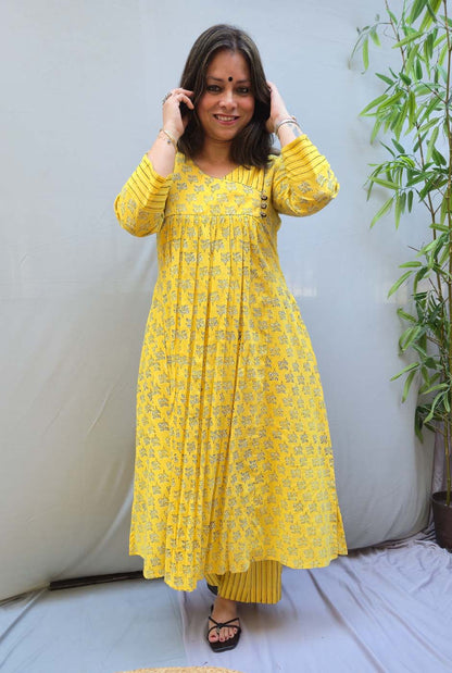 Pankhudri – Yellow Dabu Cotton Kurta Pant Set