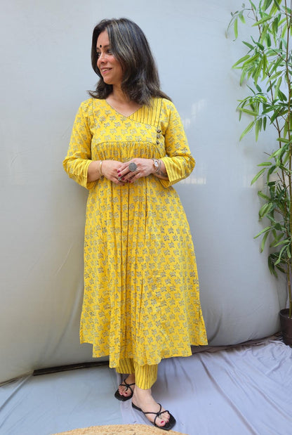 Pankhudri – Yellow Dabu Cotton Kurta Pant Set